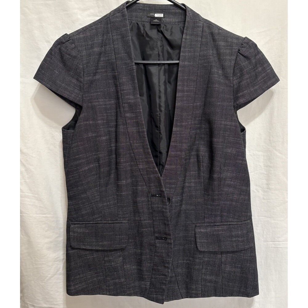 Anne Klein Womens 12 Gray Tweed Short Sleeve Blazer Tailored Career Jacket